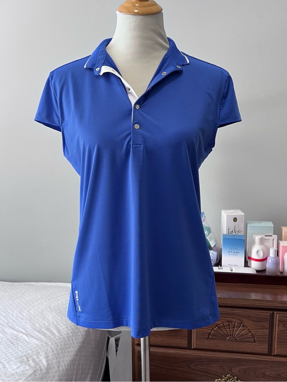RLX Ralph Lauren Golf Polo Womens Medium Royal Blue Striped Short Sleeve Shirt